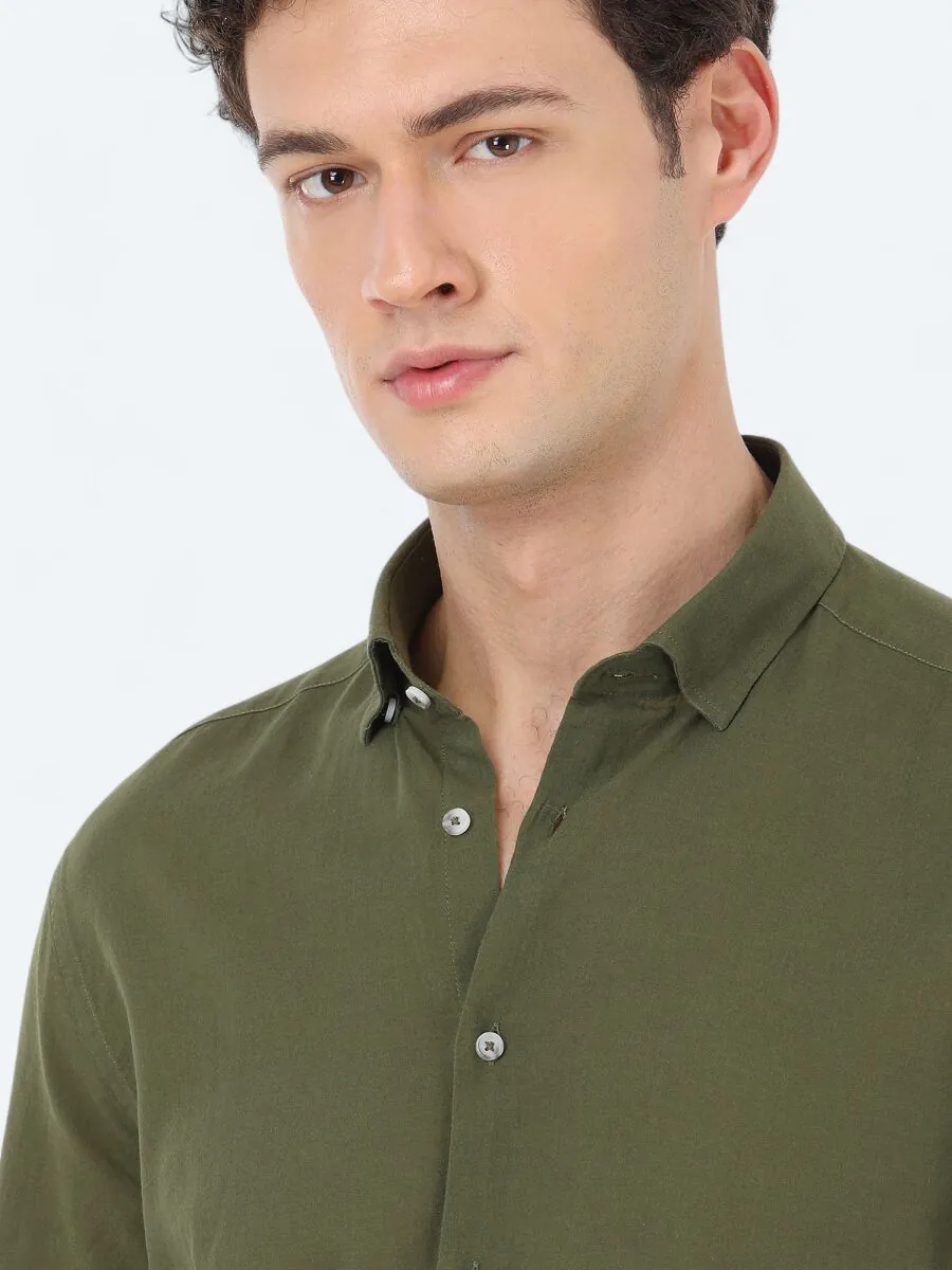 Haki Düz Regular Fit Dokuma Casual %100 Pamuk Gömlek - 3