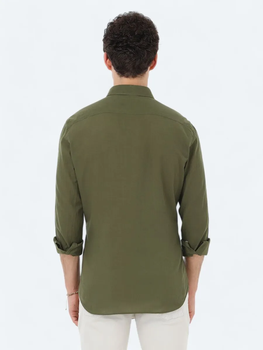 Haki Düz Regular Fit Dokuma Casual %100 Pamuk Gömlek - 4
