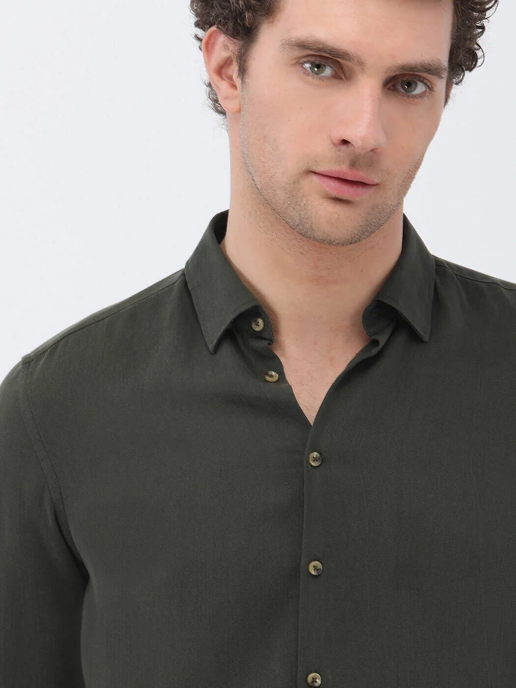 Haki Düz Regular Fit Dokuma Casual Gömlek - 4