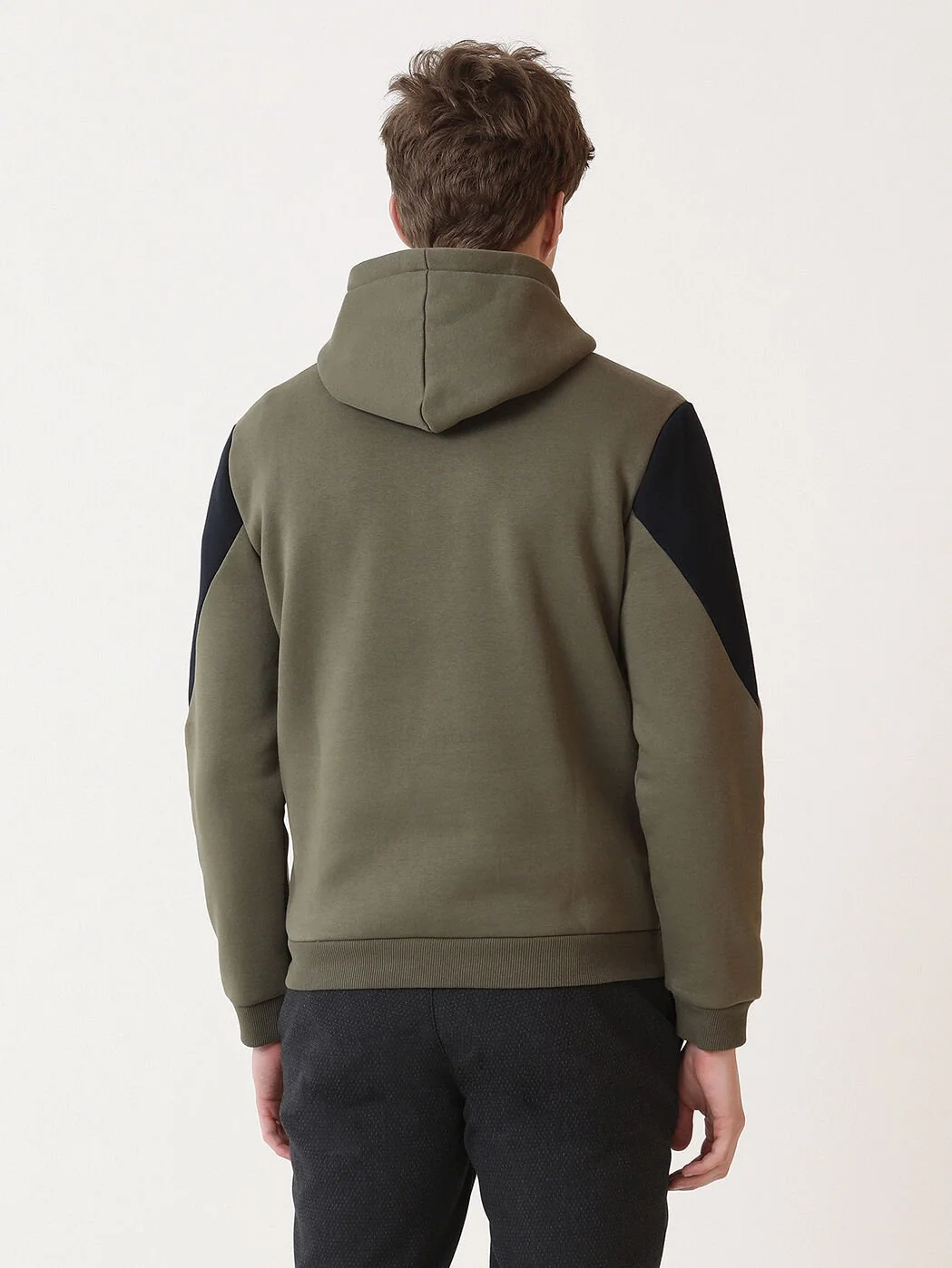 Haki Kapüşonlu Düz Sweatshırt - 4