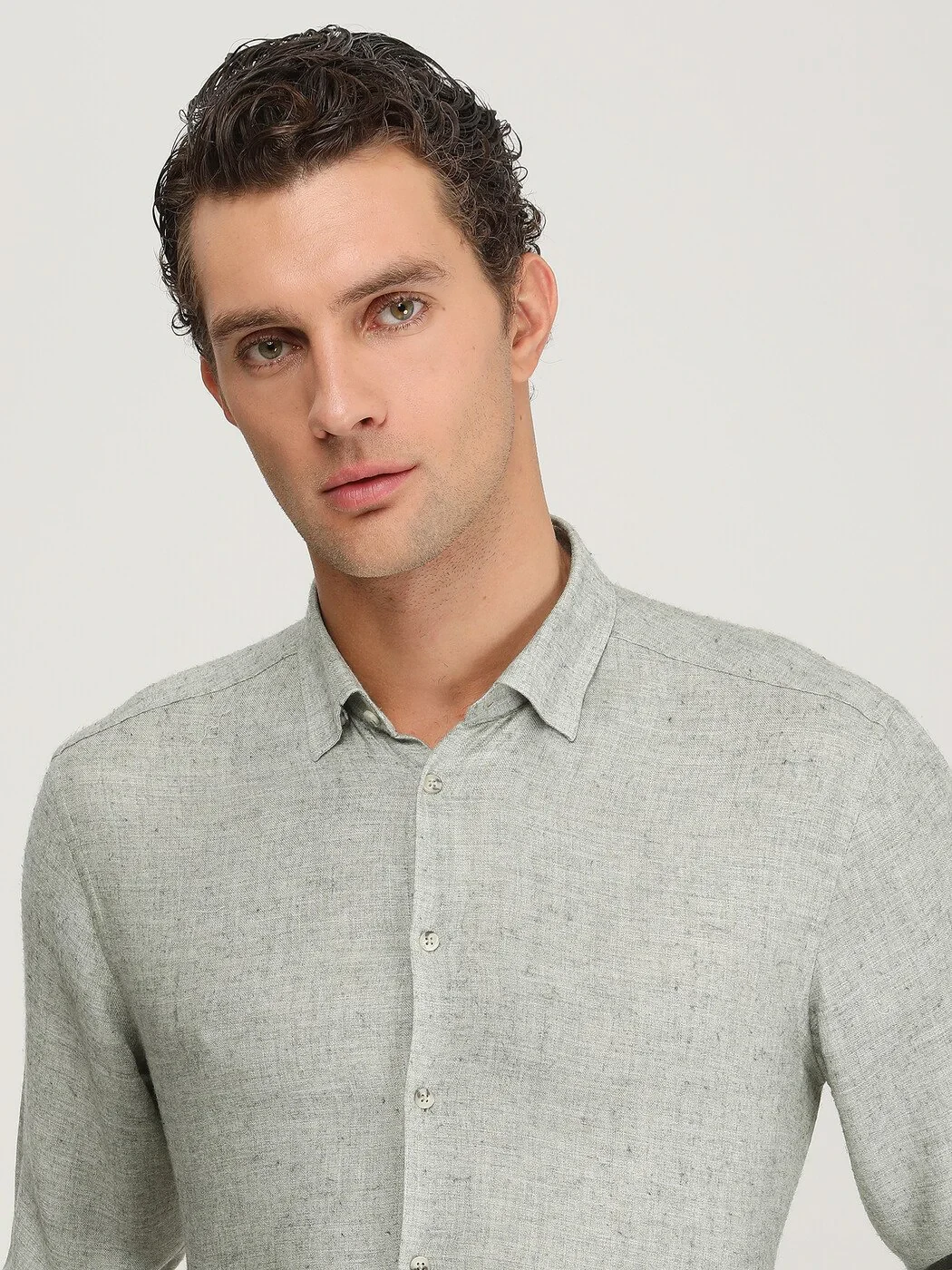 Haki Regular Fit Dokuma Casual Yün Karışımlı Gömlek - 1