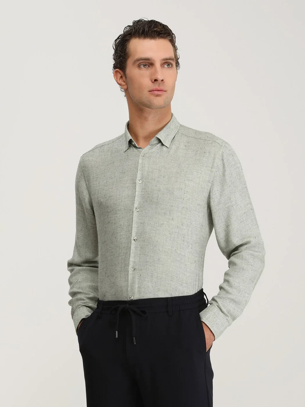 Haki Regular Fit Dokuma Casual Yün Karışımlı Gömlek - 2