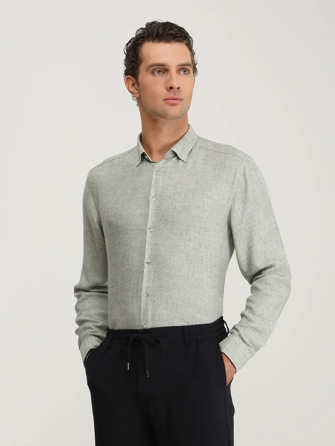 Haki Regular Fit Dokuma Casual Yün Karışımlı Gömlek - 2