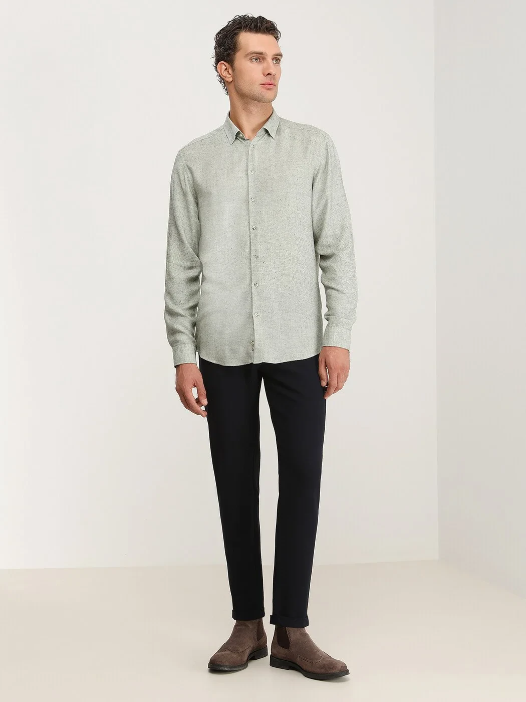 Haki Regular Fit Dokuma Casual Yün Karışımlı Gömlek - 3