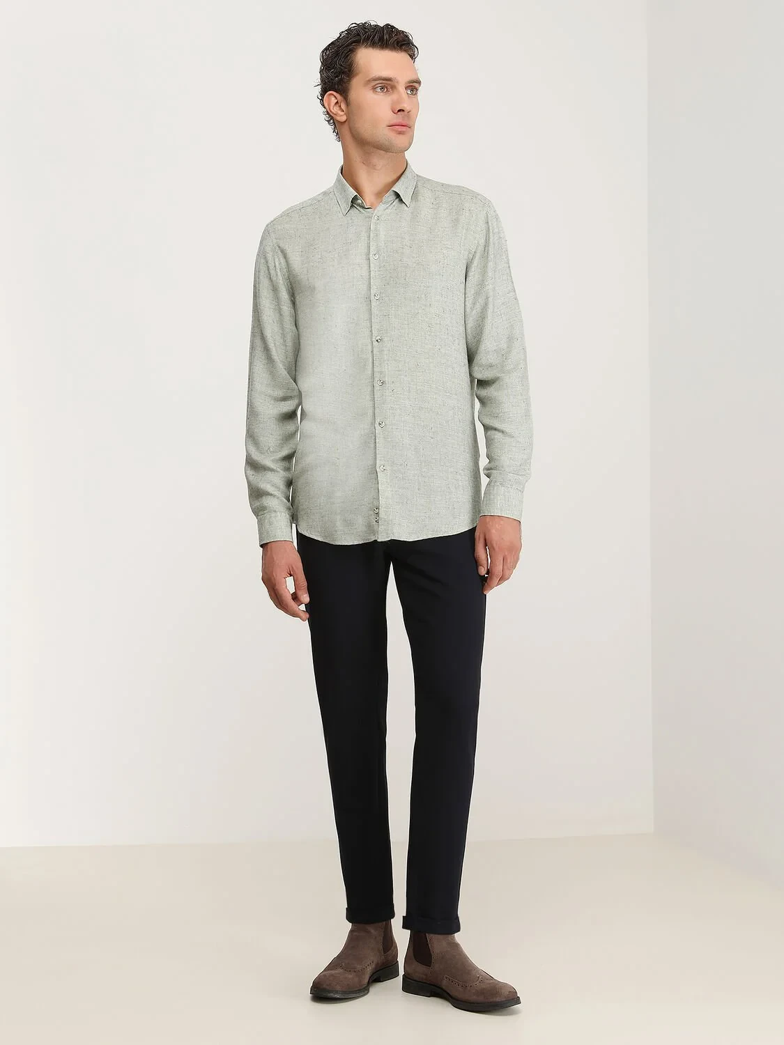 Haki Regular Fit Dokuma Casual Yün Karışımlı Gömlek - 3