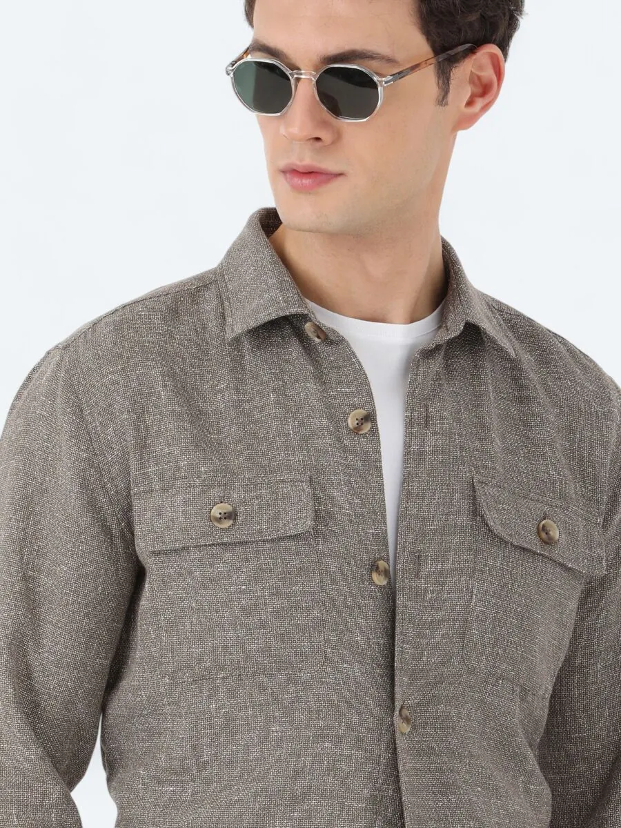 Haki Regular Fit Dokuma Keten Karışımlı Overshırt - 1