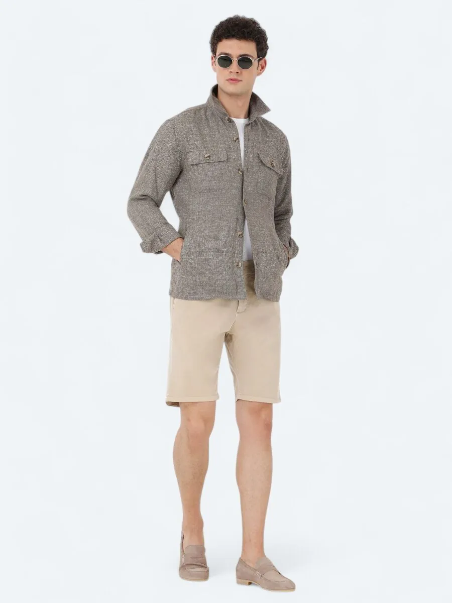 Haki Regular Fit Dokuma Keten Karışımlı Overshırt - 3