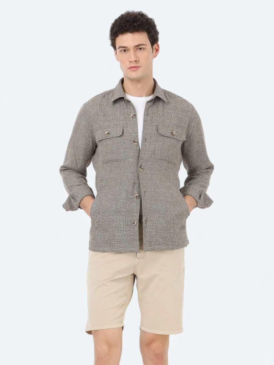 Haki Regular Fit Dokuma Keten Karışımlı Overshırt - 4