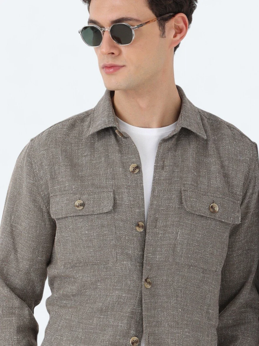 Haki Regular Fit Dokuma Keten Karışımlı Overshırt - 5