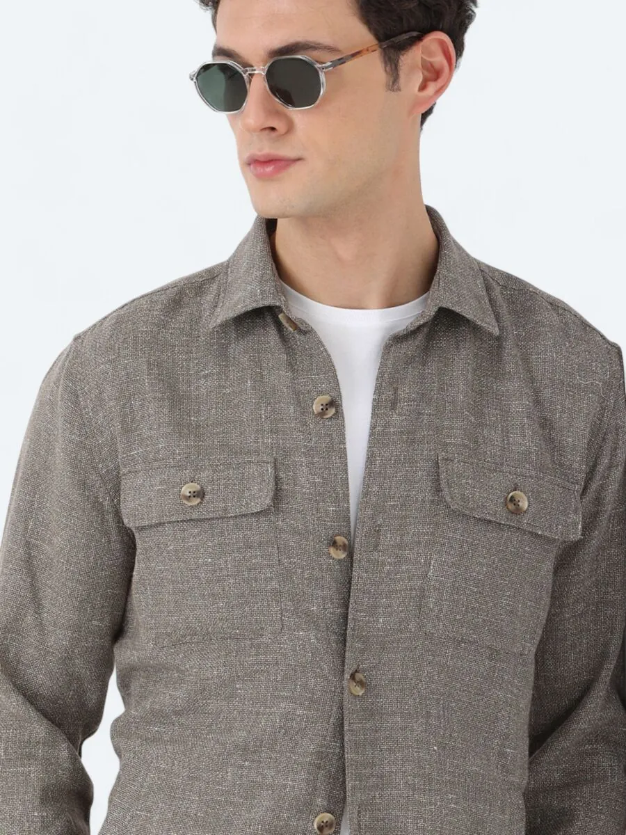 Haki Regular Fit Dokuma Keten Karışımlı Overshırt - 5