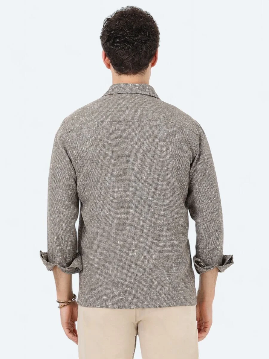 Haki Regular Fit Dokuma Keten Karışımlı Overshırt - 6