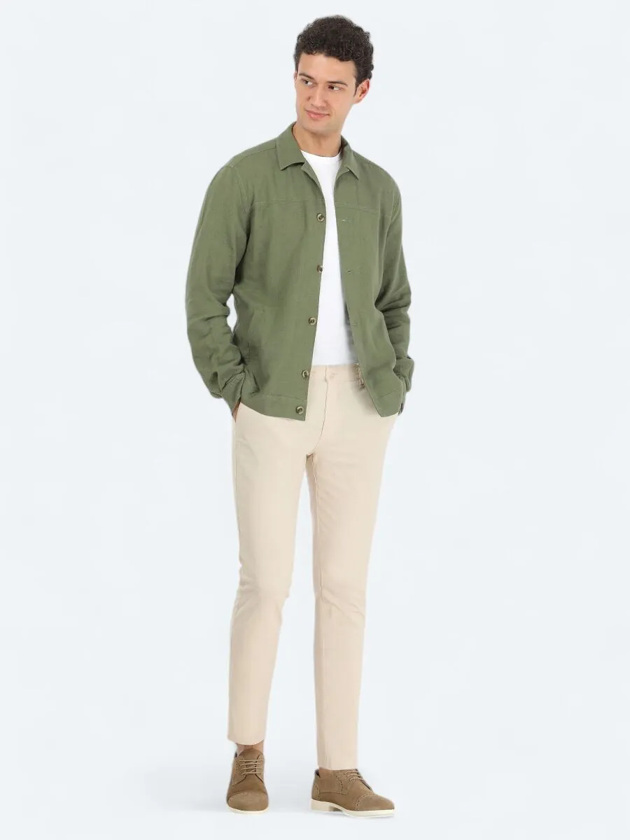 Haki Regular Fit Dokuma Keten Karışımlı Overshırt - 4