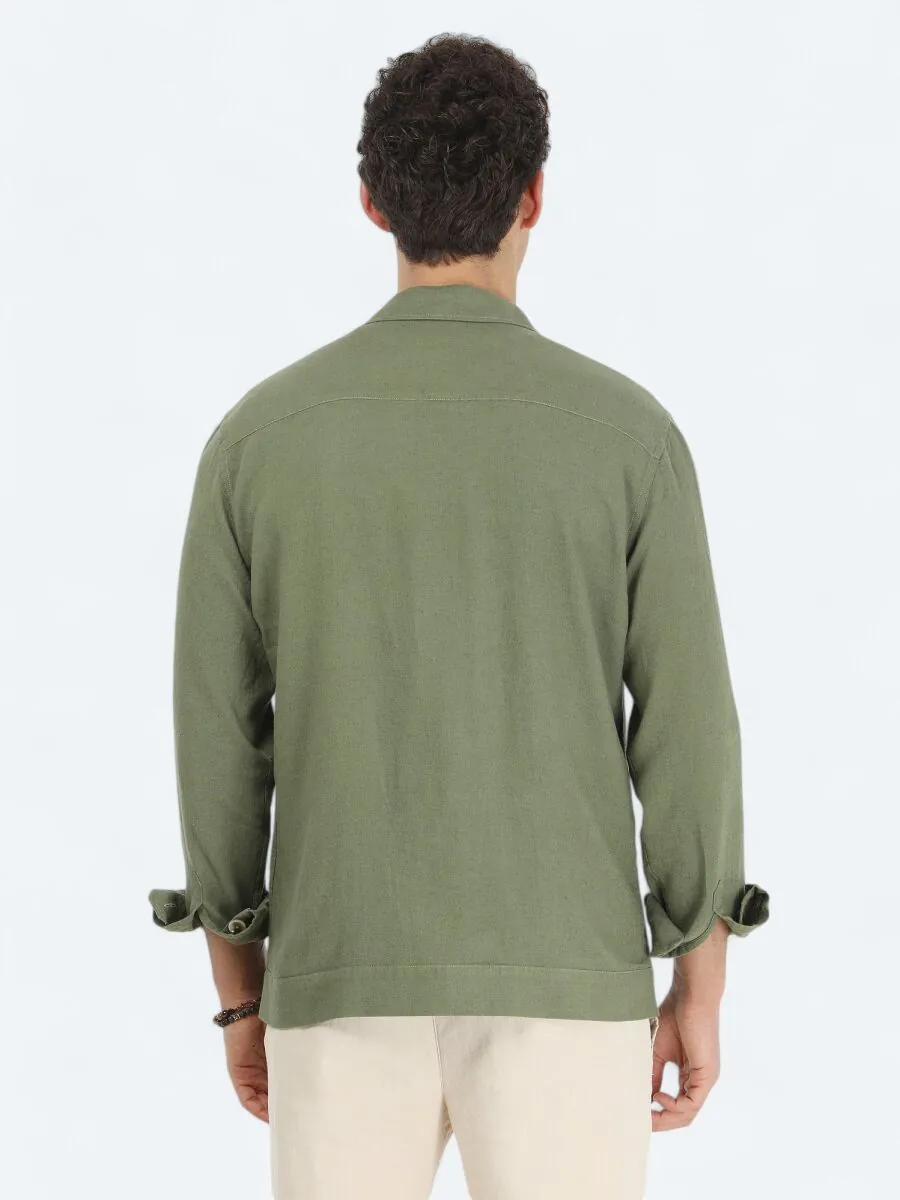 Haki Regular Fit Dokuma Keten Karışımlı Overshırt - 6