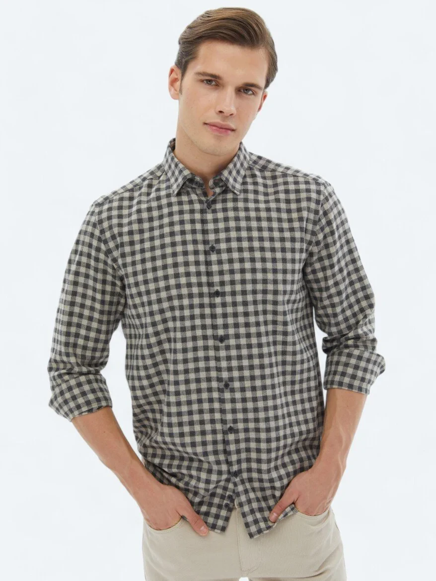 Hard Coal Checkered Regular Fit Weaving Casual Cotton Blended Shirt - 1