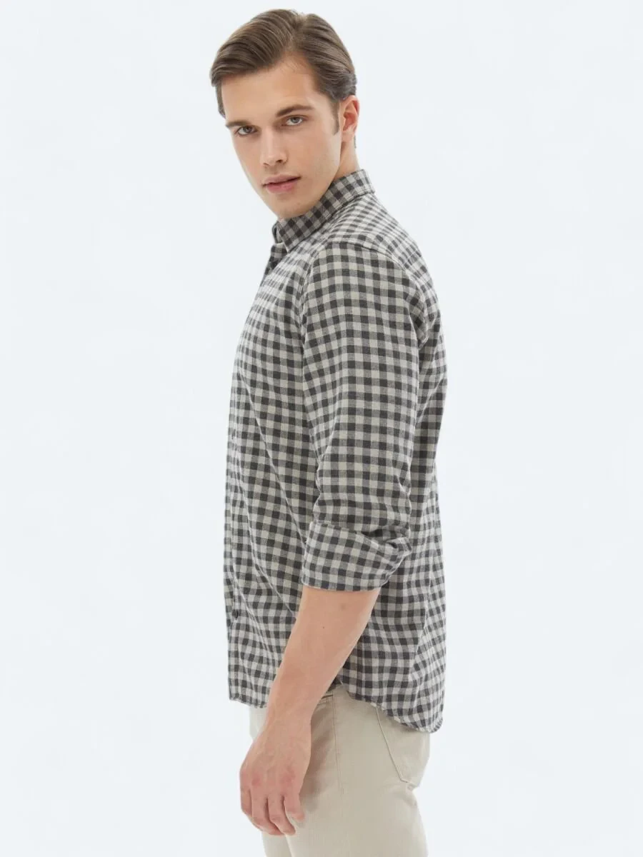 Hard Coal Checkered Regular Fit Weaving Casual Cotton Blended Shirt - 6