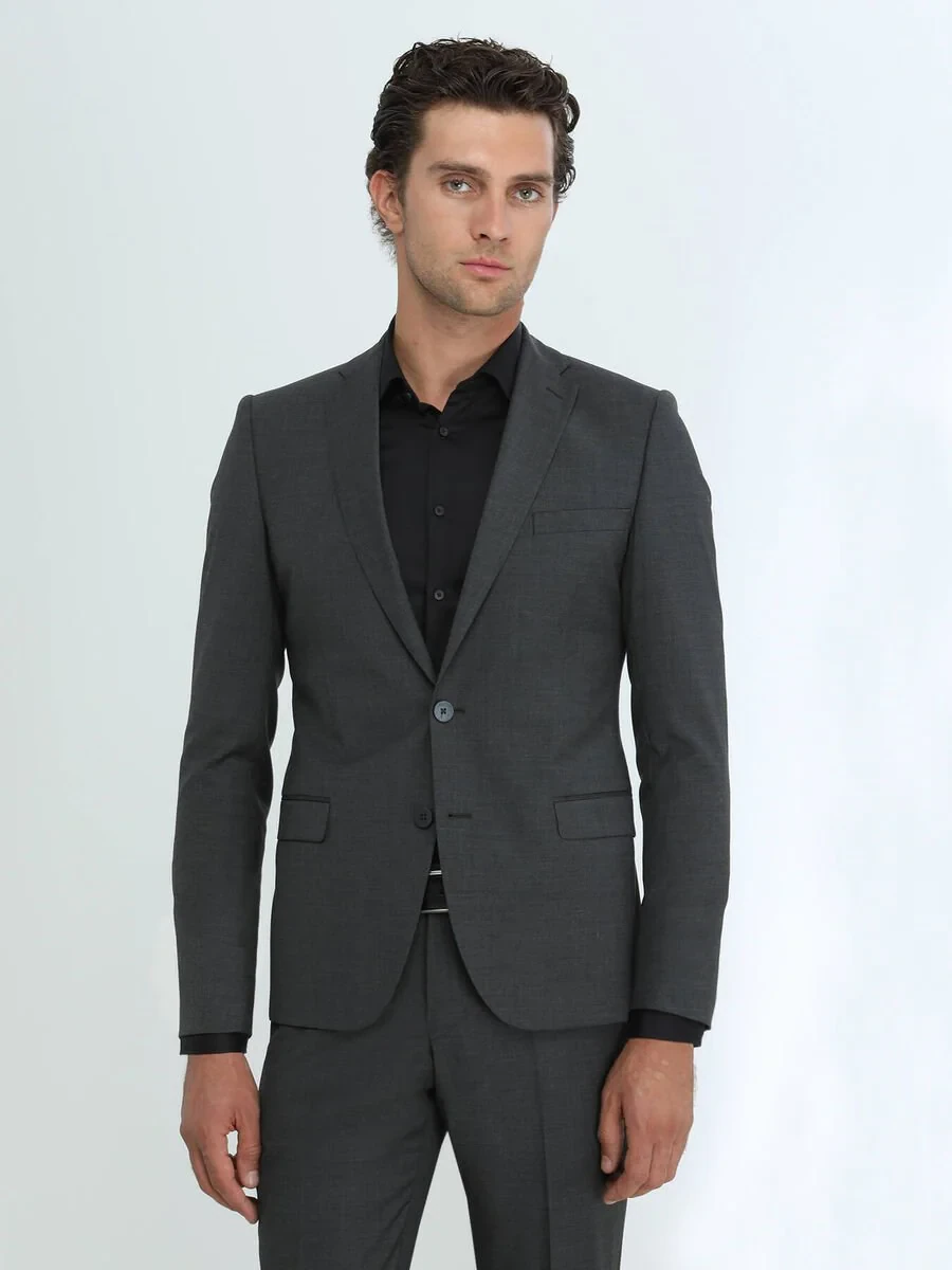 Hard Coal Plain Modern Fit Wool Blended Suit - 1