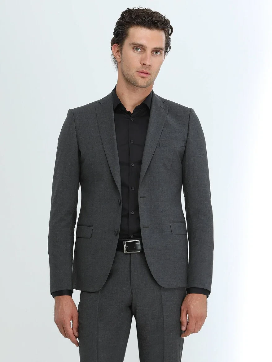 Hard Coal Plain Modern Fit Wool Blended Suit - 4