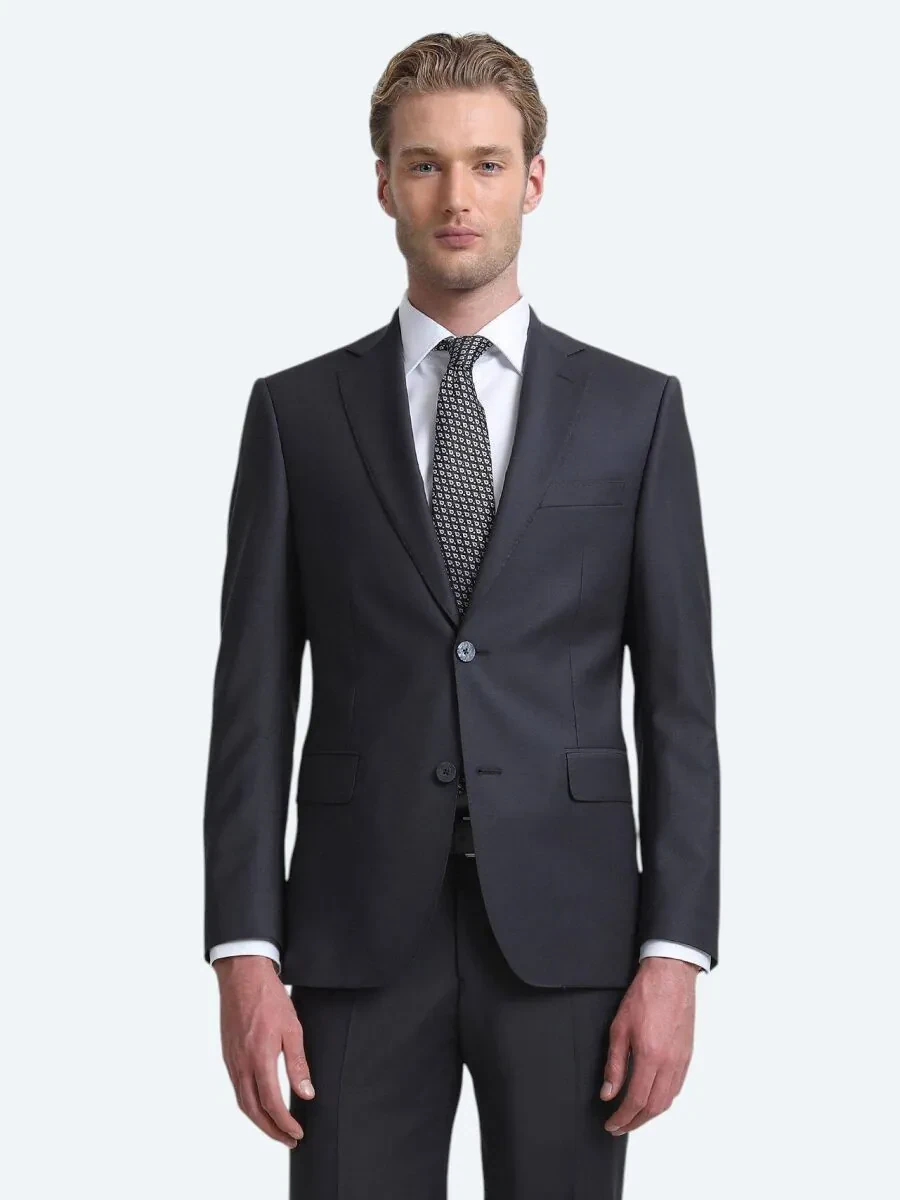 Hard Coal Plain Modern Fit Wool Blended Suit - 1