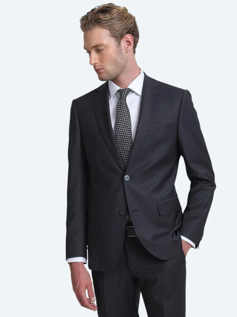 Hard Coal Plain Modern Fit Wool Blended Suit - 3