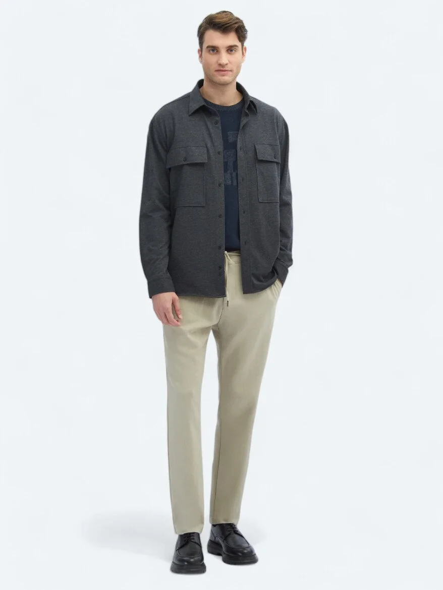 Hard Coal Plain Oversize Fit Knitting Casual Cotton Blended Shirt - 2