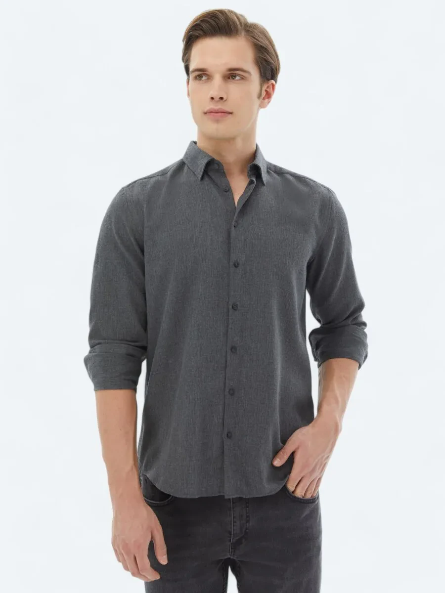 Hard Coal Plain Regular Fit Weaving Casual Cotton Blended Shirt - 1