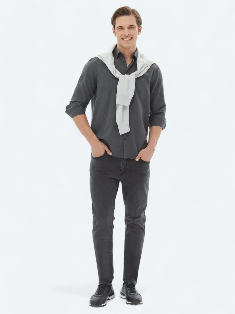 Hard Coal Plain Regular Fit Weaving Casual Cotton Blended Shirt - 2