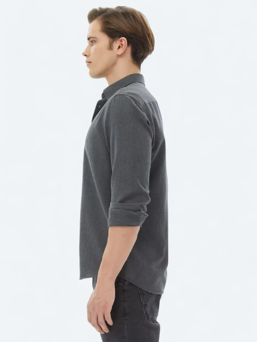 Hard Coal Plain Regular Fit Weaving Casual Cotton Blended Shirt - 3