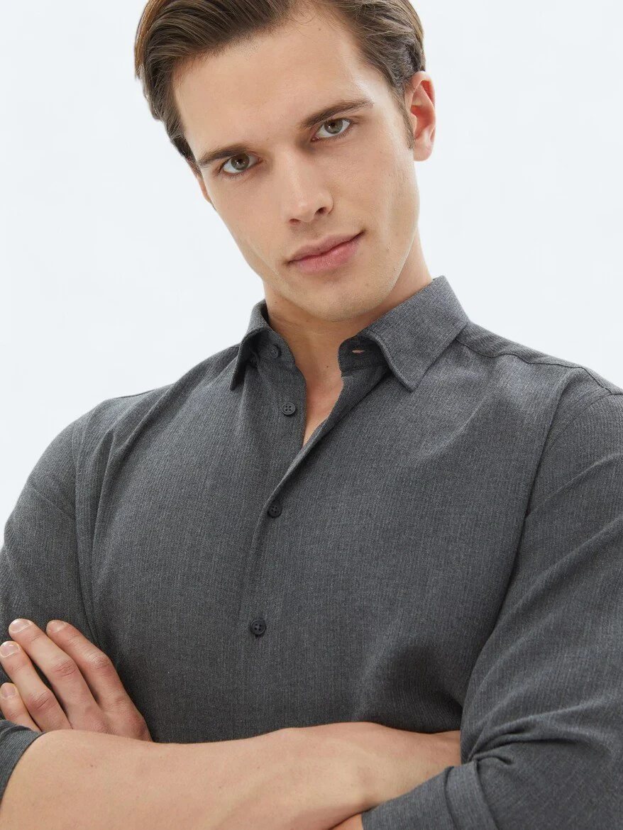 Hard Coal Plain Regular Fit Weaving Casual Cotton Blended Shirt 