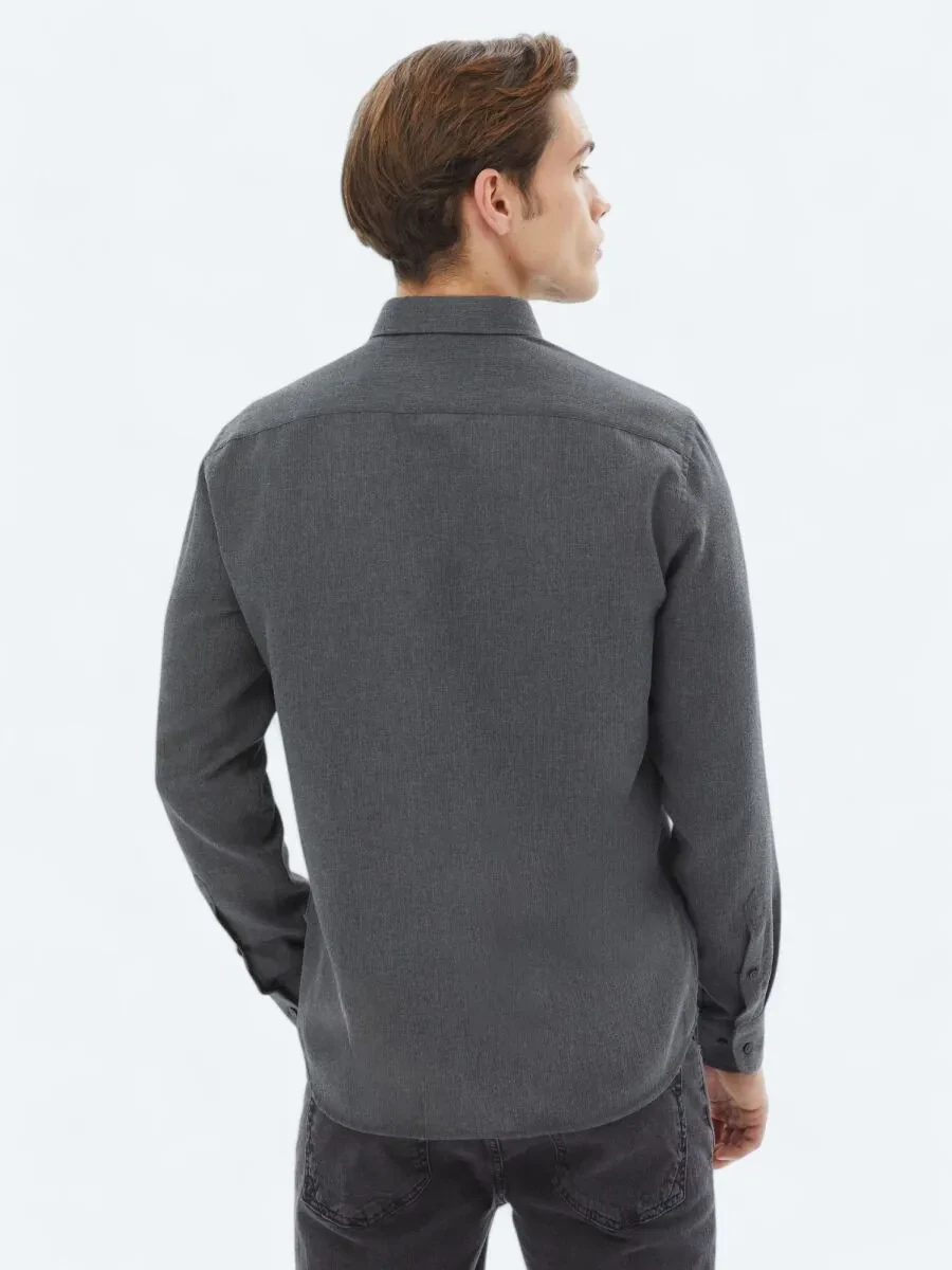 Hard Coal Plain Regular Fit Weaving Casual Cotton Blended Shirt - 5