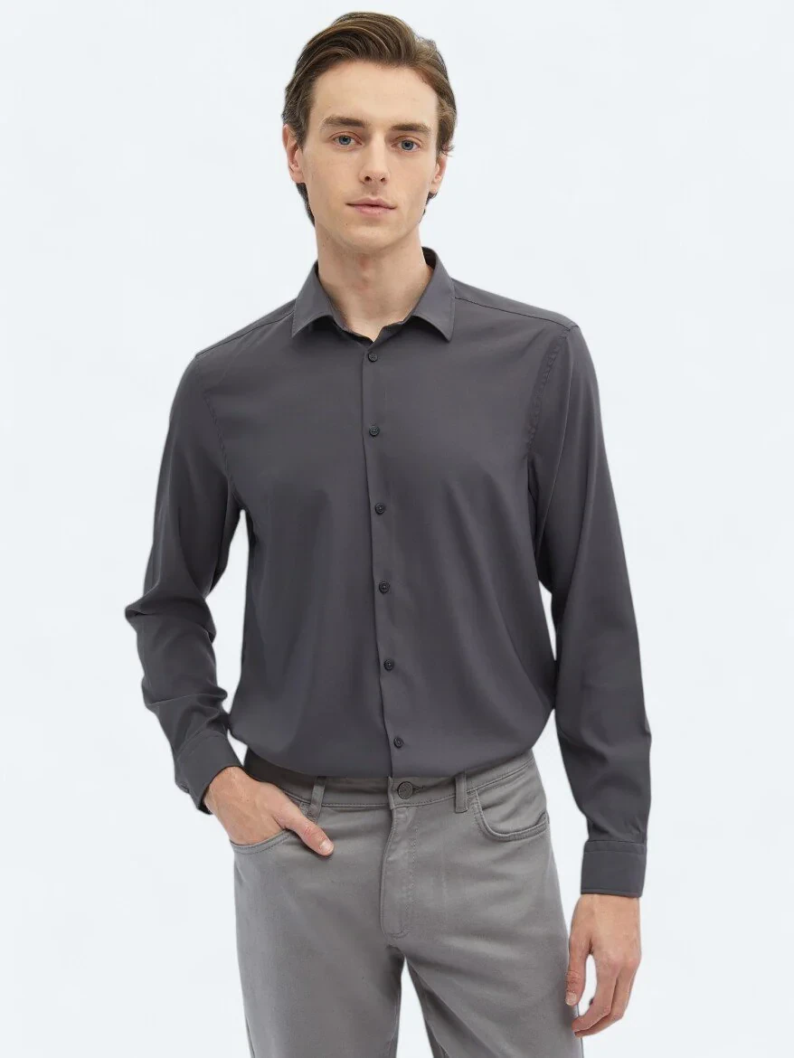Hard Coal Plain Regular Fit Weaving Casual Shirt - 1