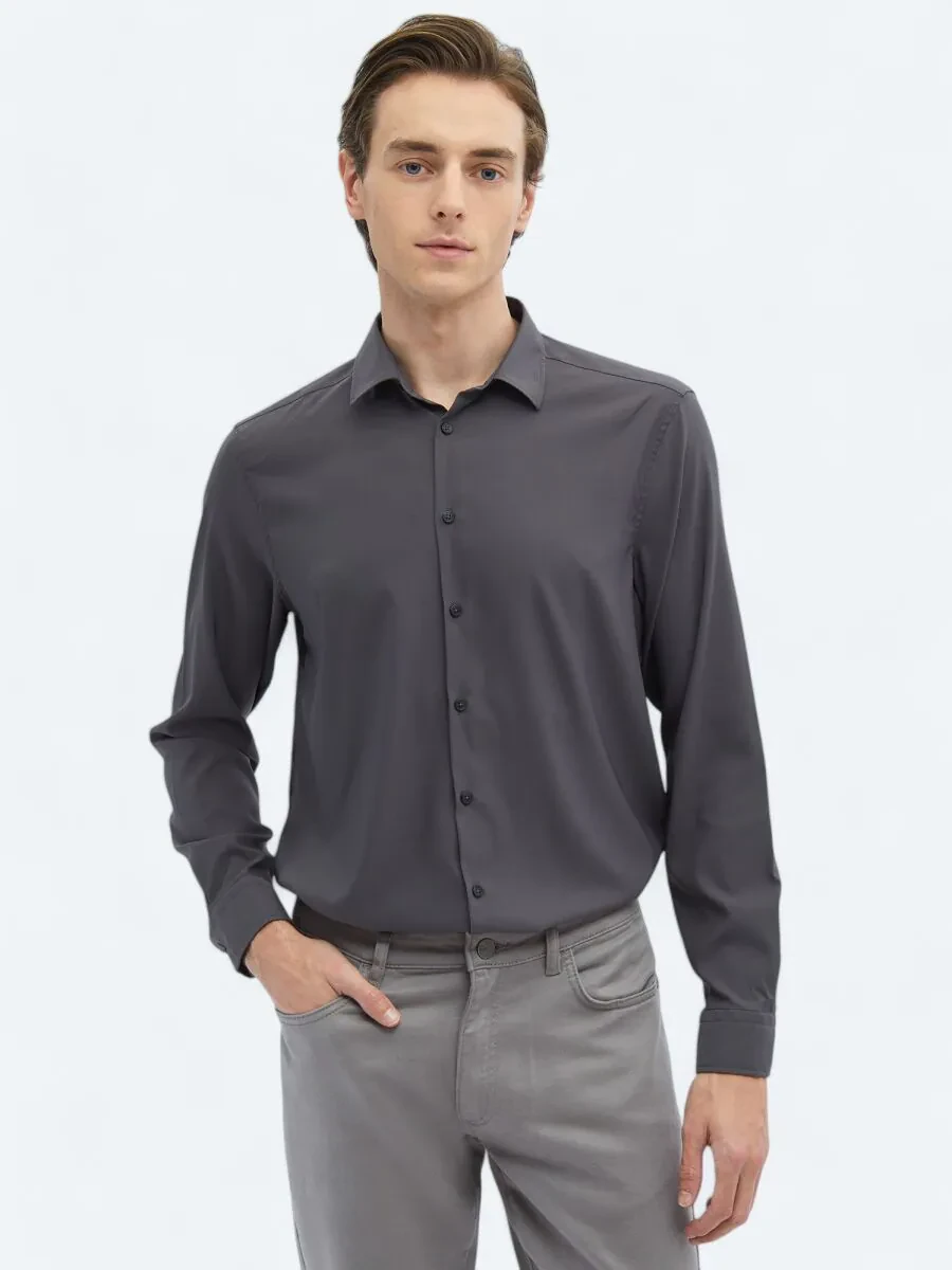 Hard Coal Plain Regular Fit Weaving Casual Shirt - 1