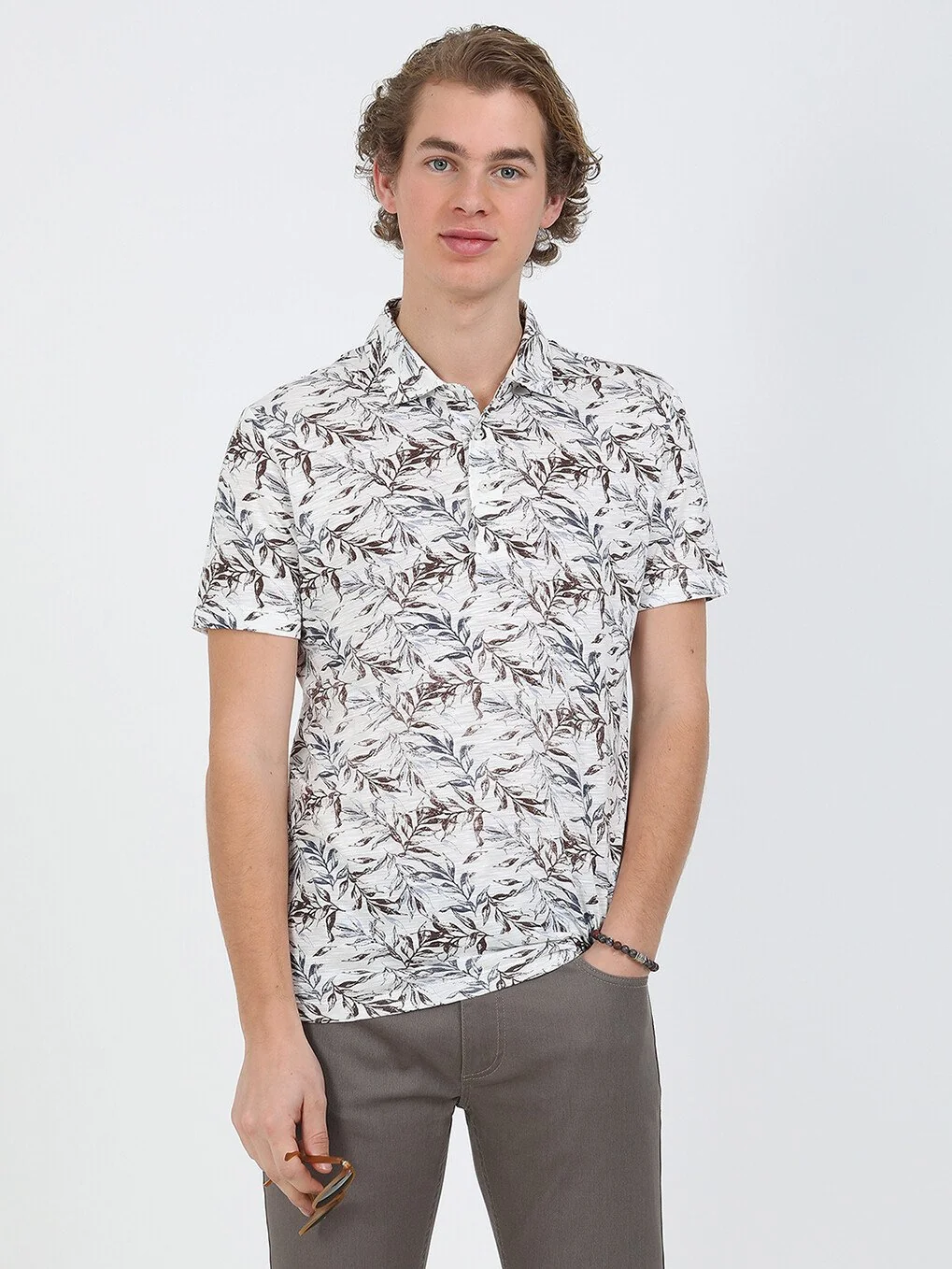 Havacı Mavi Baskılı Polo Yaka Keten Karışımlı T-Shirt - 1