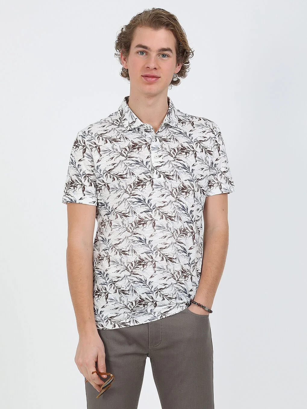 Havacı Mavi Baskılı Polo Yaka Keten Karışımlı T-Shirt - 1