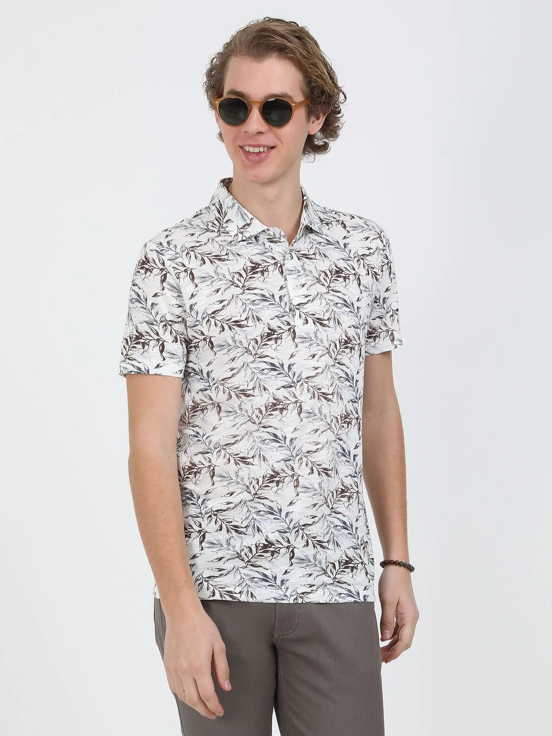 Havacı Mavi Baskılı Polo Yaka Keten Karışımlı T-Shirt - 2