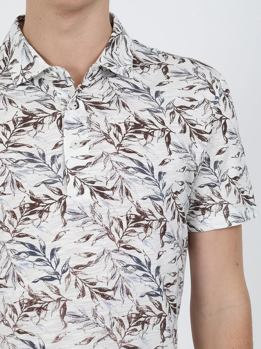 Havacı Mavi Baskılı Polo Yaka Keten Karışımlı T-Shirt - 3