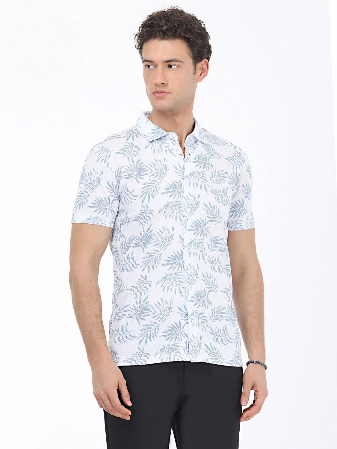 Havacı Mavi Baskılı Regular Fit Casual %100 Pamuk Gömlek - 1