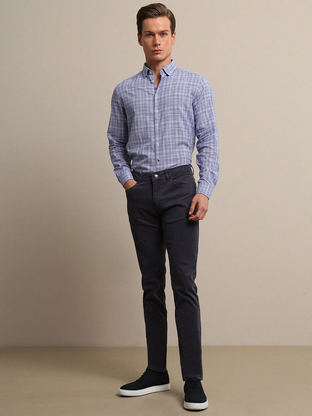 Havacı Mavi Düz Dokuma Regular Fit Casual Pamuk Karışımlı Pantolon - 1