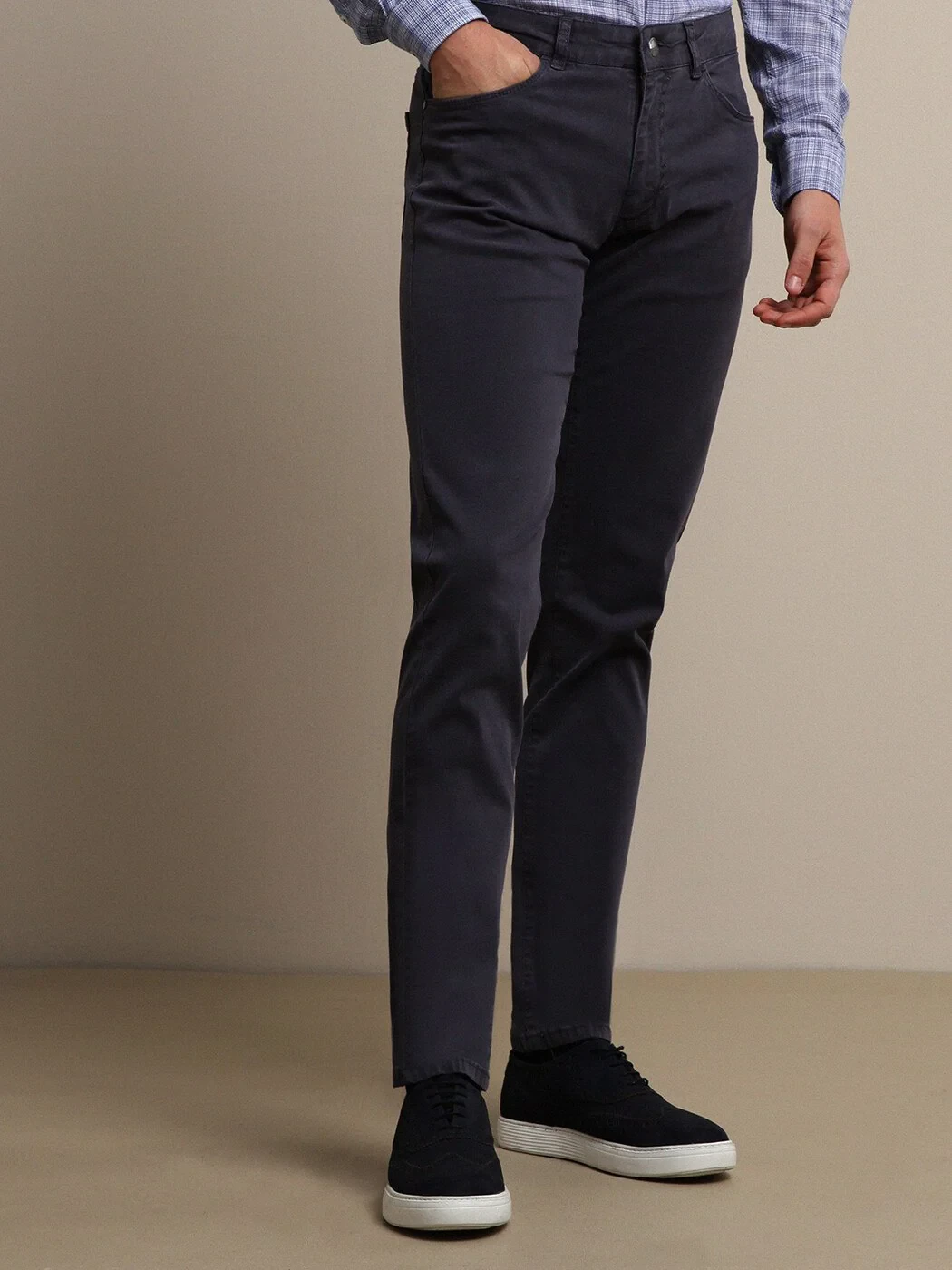 Havacı Mavi Düz Dokuma Regular Fit Casual Pamuk Karışımlı Pantolon - 3