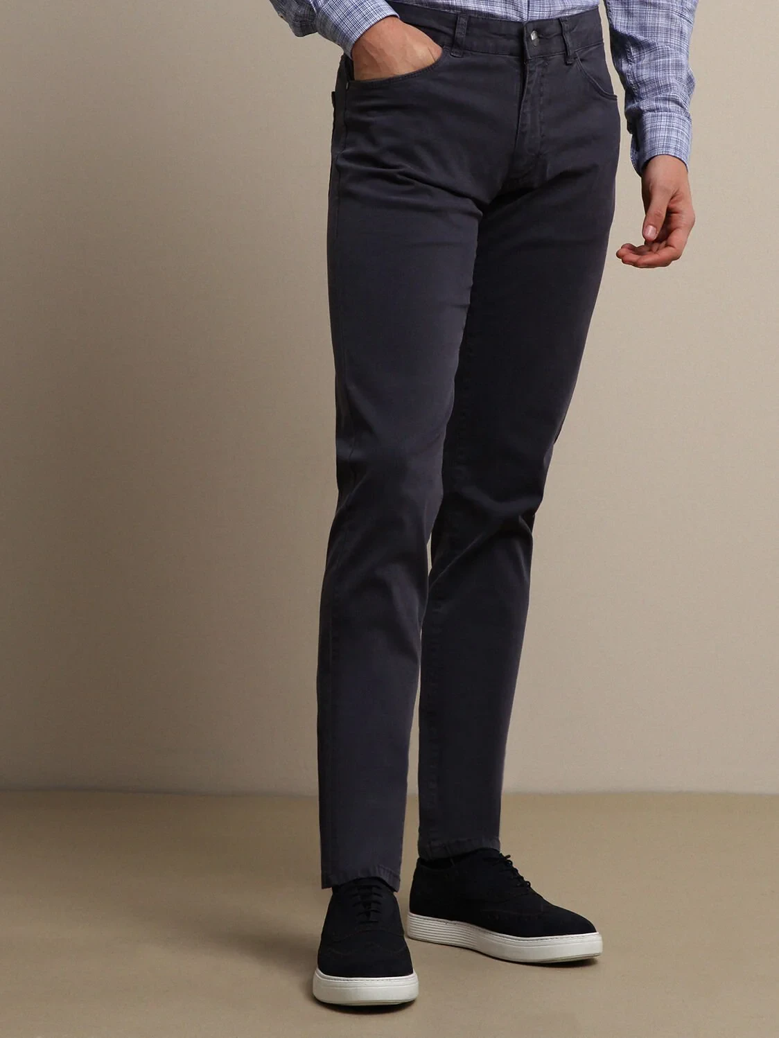 Havacı Mavi Düz Dokuma Regular Fit Casual Pamuk Karışımlı Pantolon - 3