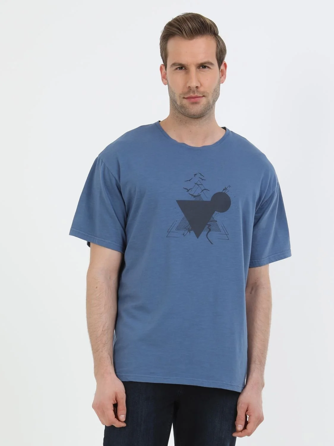 İndigo Baskılı Bisiklet Yaka %100 Pamuk T-Shirt - 2