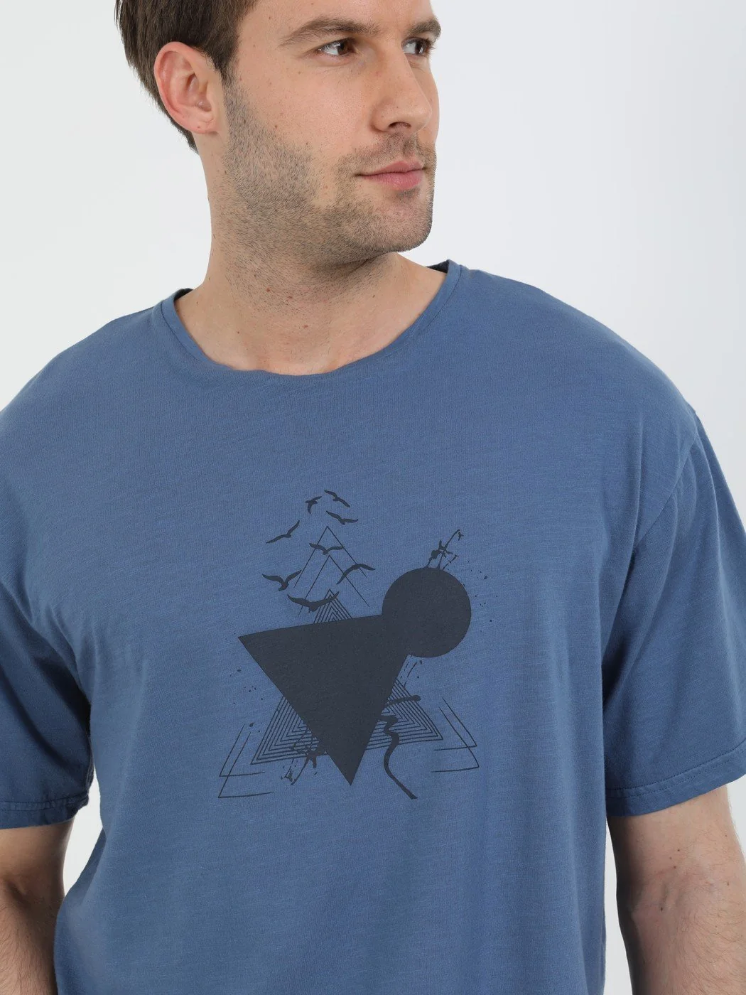 İndigo Baskılı Bisiklet Yaka %100 Pamuk T-Shirt - 3