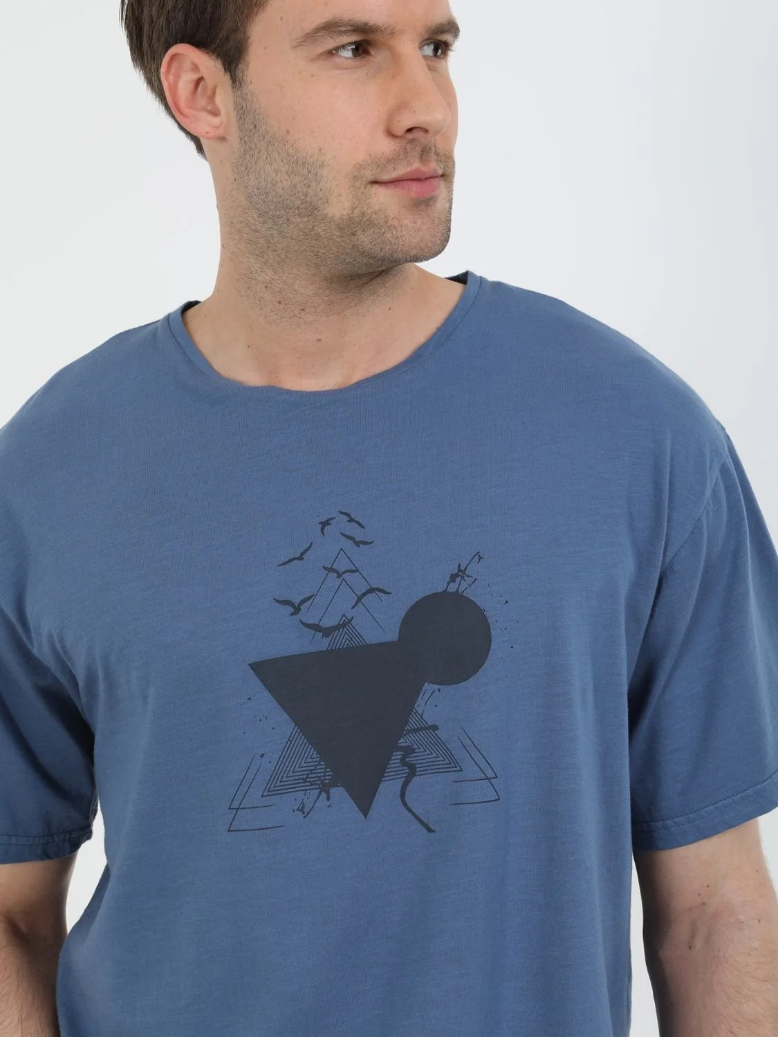 İndigo Baskılı Bisiklet Yaka %100 Pamuk T-Shirt - 3