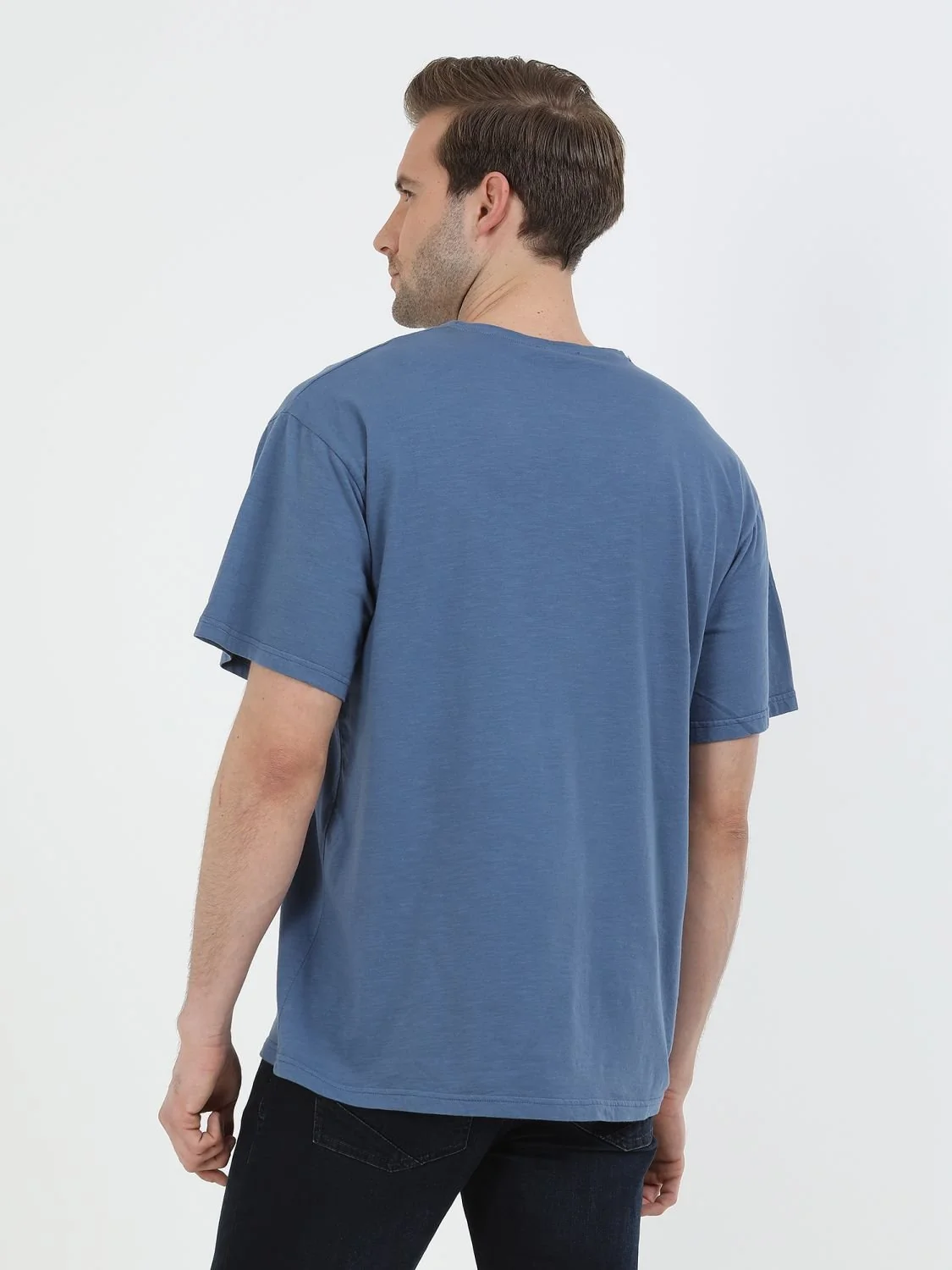 İndigo Baskılı Bisiklet Yaka %100 Pamuk T-Shirt - 5