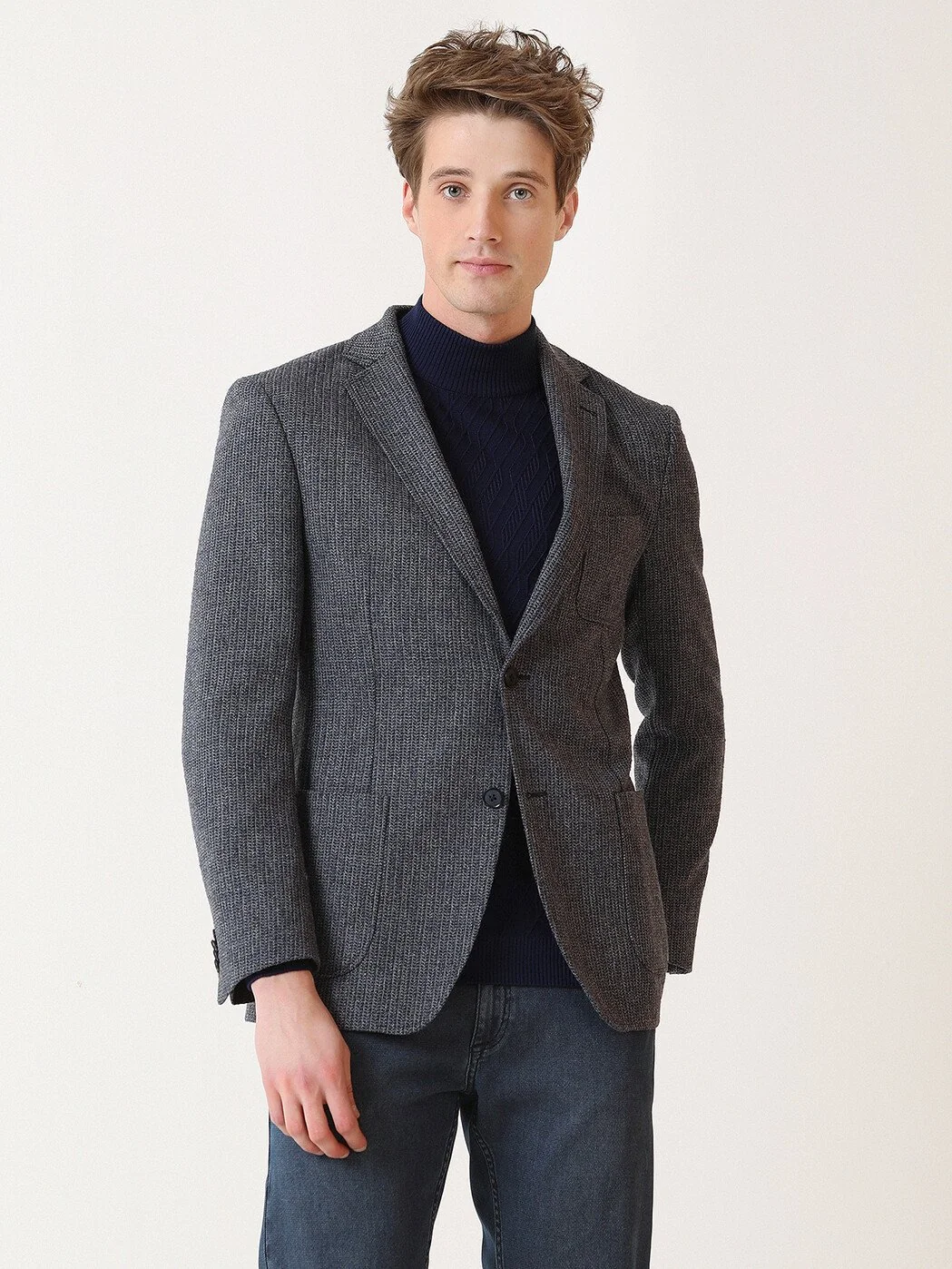 İndigo Çizgili Modern Fit Yün Karışımlı Ceket - 4