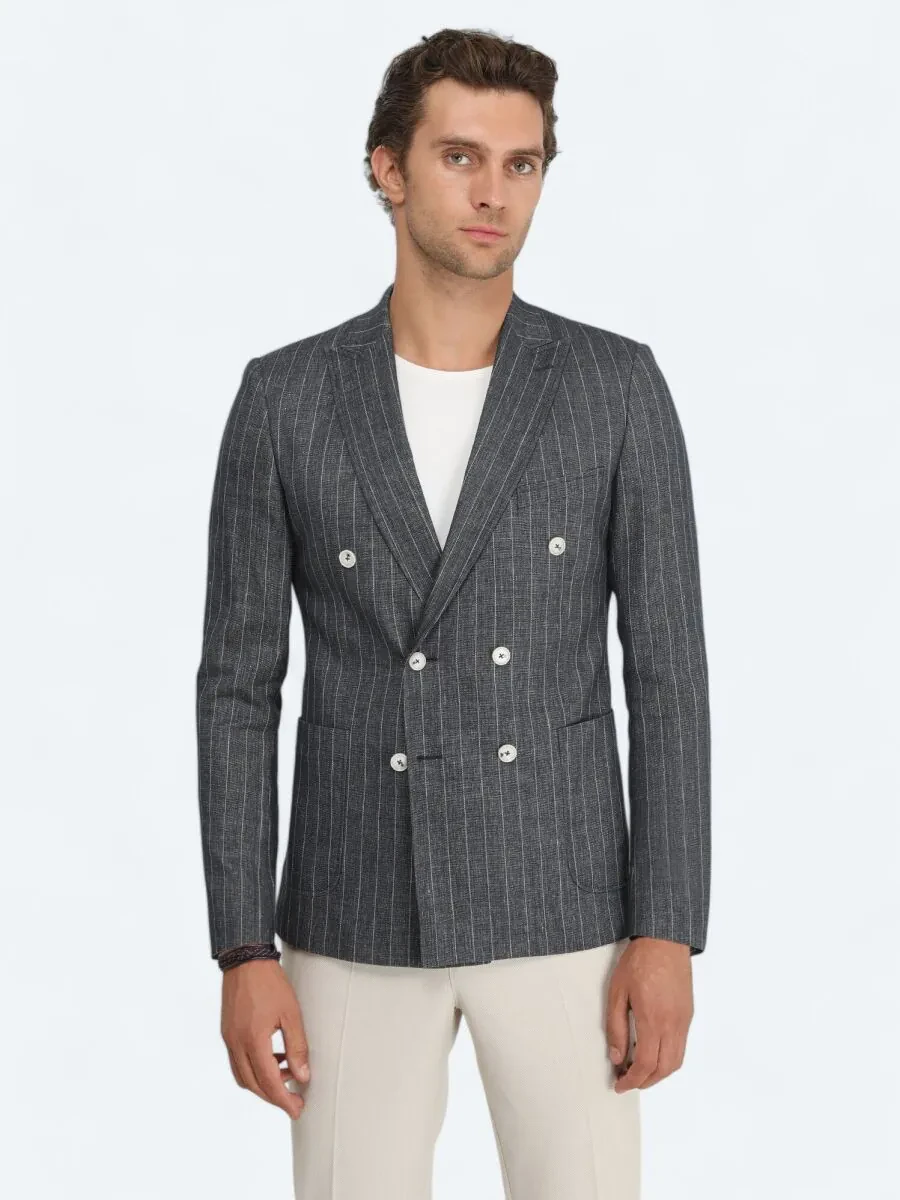 İndigo Çizgili Slim Fit Keten Karışımlı Ceket - 1