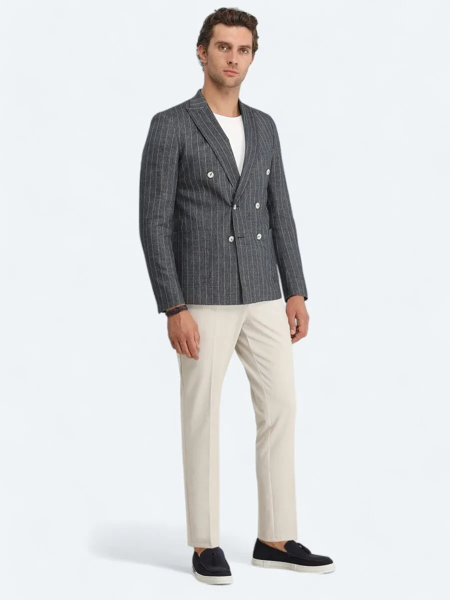 İndigo Çizgili Slim Fit Keten Karışımlı Ceket - 2