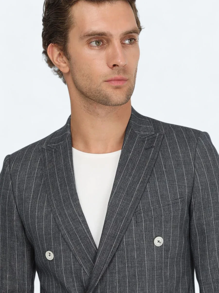 İndigo Çizgili Slim Fit Keten Karışımlı Ceket - 3