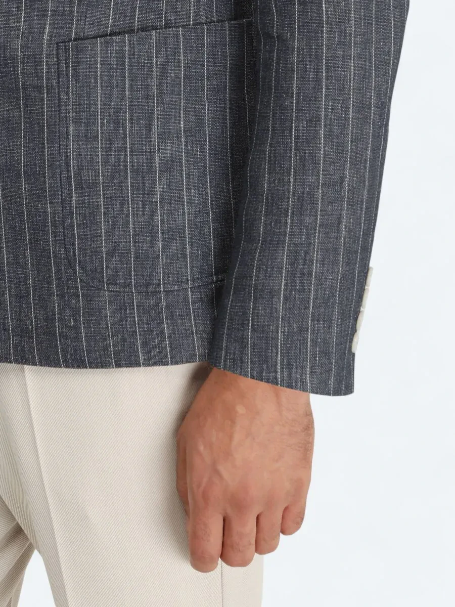 İndigo Çizgili Slim Fit Keten Karışımlı Ceket - 4