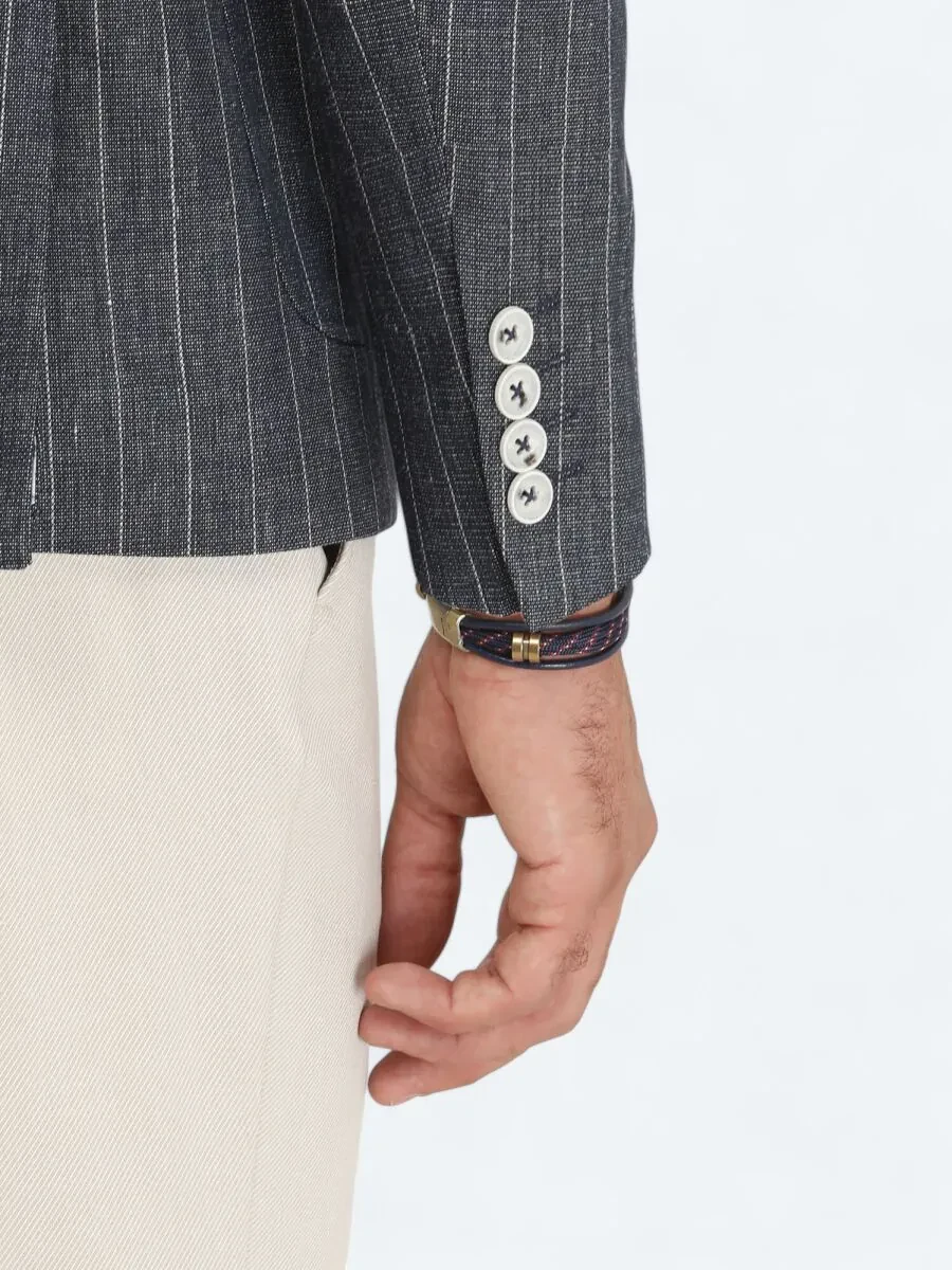 İndigo Çizgili Slim Fit Keten Karışımlı Ceket - 5
