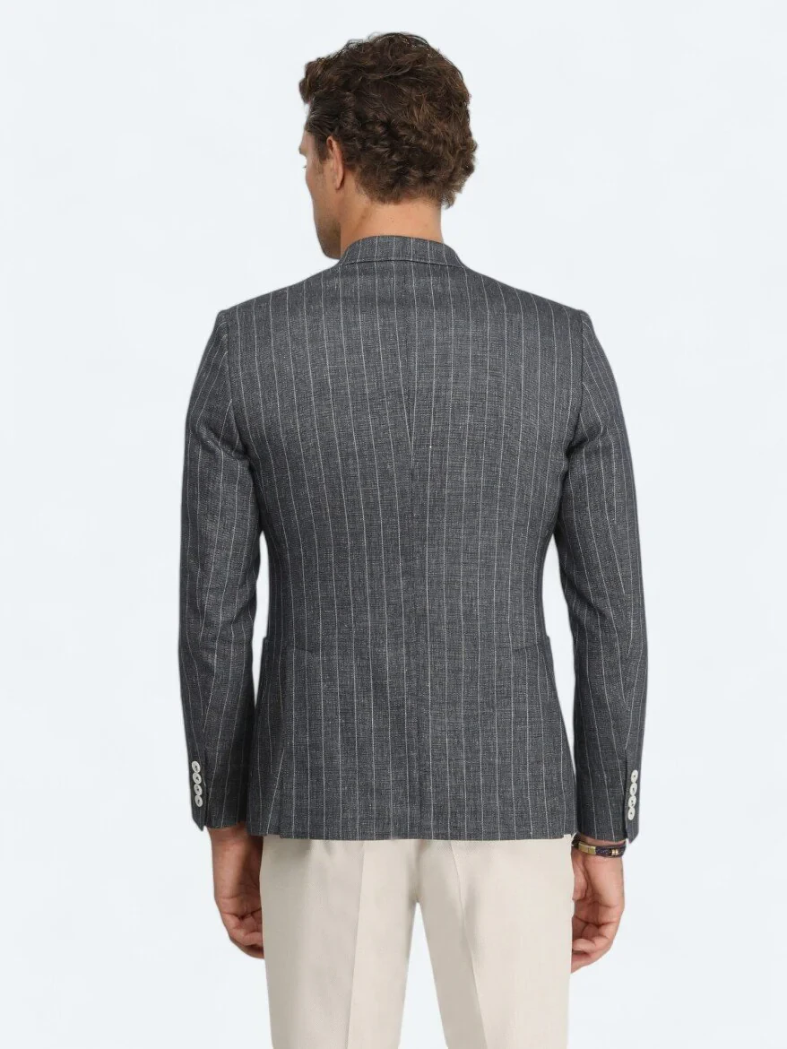 İndigo Çizgili Slim Fit Keten Karışımlı Ceket - 6